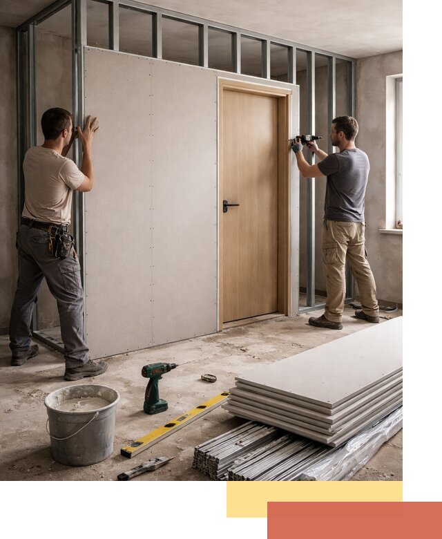 Перегородка из гипсокартона с дверью под ключ в Тайшете