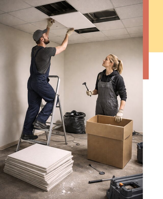 Демонтаж потолочной плитки в Тайшете от 4673 руб. быстро и недорого | ОТДЕЛОЧНИК-Тшт