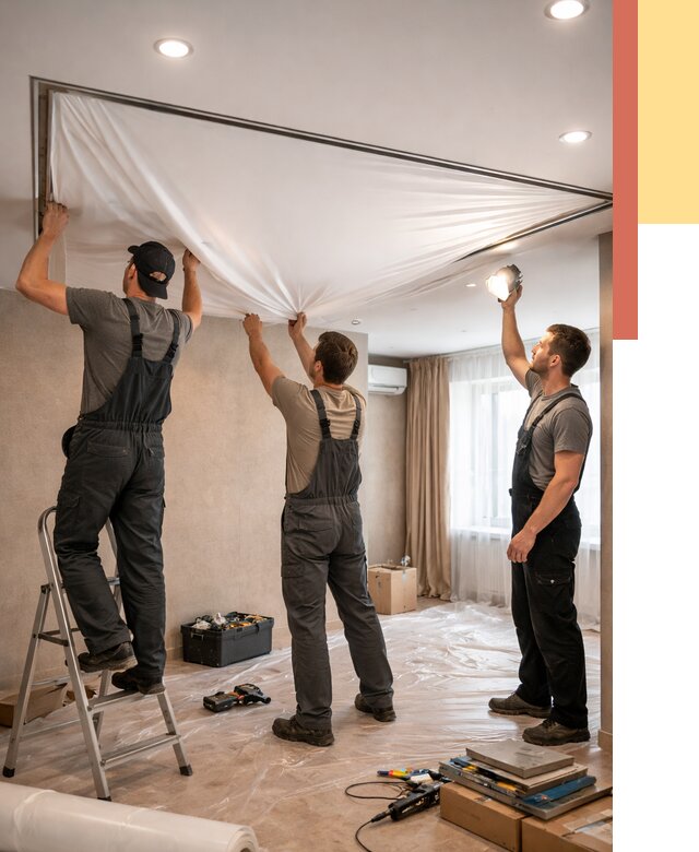 Монтаж ПВХ натяжного потолка в Тайшете от 3635 руб. под ключ | ОТДЕЛОЧНИК-Тшт