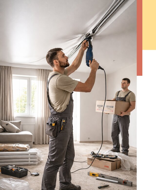 Монтаж сатинового натяжного потолка в Тайшете от 3635 руб. | Быстро, недорого — ОТДЕЛОЧНИК-Тшт