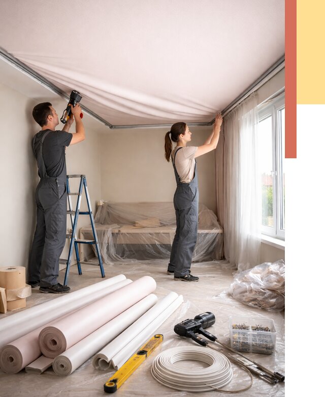 Монтаж цветного натяжного потолка в Тайшете от 4362 руб/м² — быстро и недорого | ОТДЕЛОЧНИК-Тшт