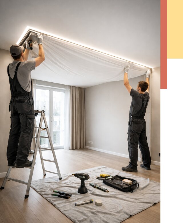 Монтаж парящего натяжного потолка в Тайшете от 4673 руб. быстро и недорого | ОТДЕЛОЧНИК-Тшт