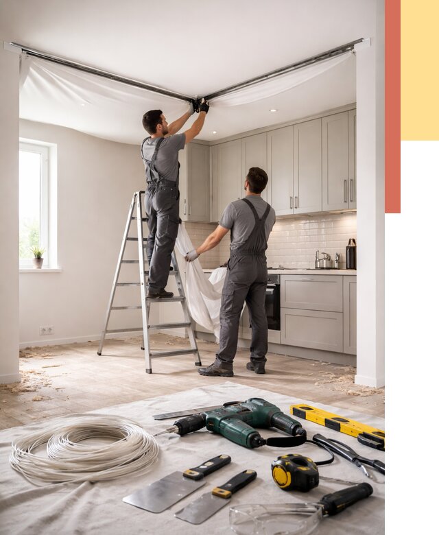 Установка натяжного потолка на кухне в Тайшете от 2492 руб. | ОТДЕЛОЧНИК-Тшт