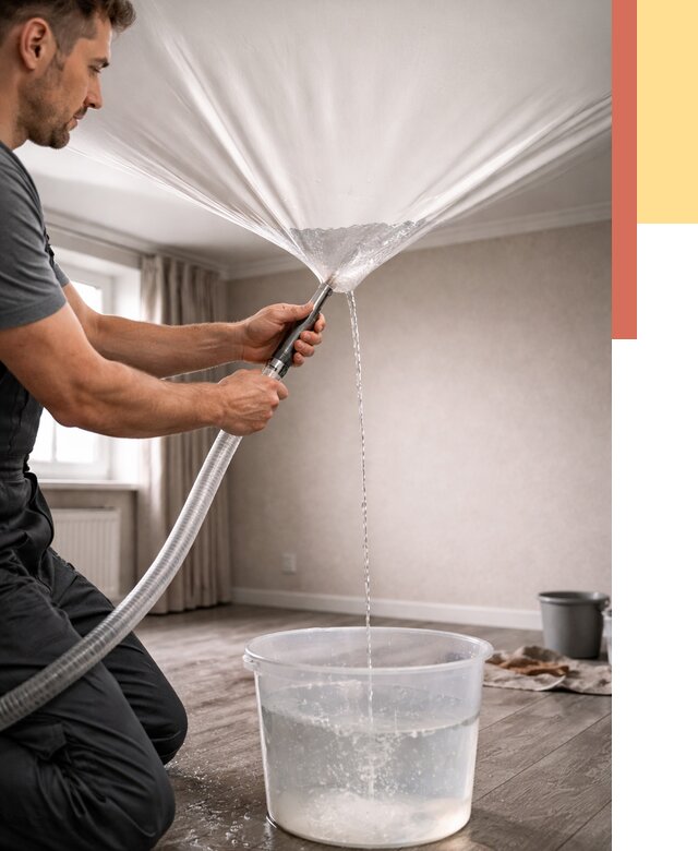 Слив воды с натяжного потолка в Тайшете от 2596 руб. быстро и недорого | ОТДЕЛОЧНИК-Тшт