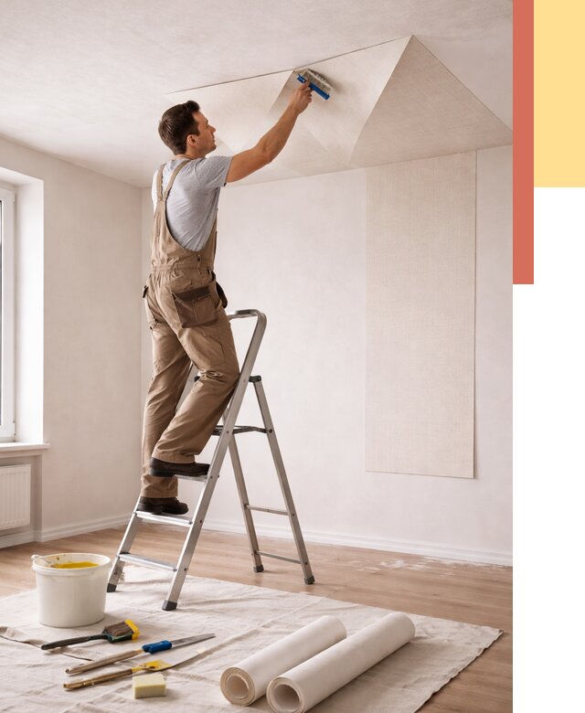 Поклейка обоев на потолок в Тайшете от 4673 руб. быстро и недорого | ОТДЕЛОЧНИК-Тшт